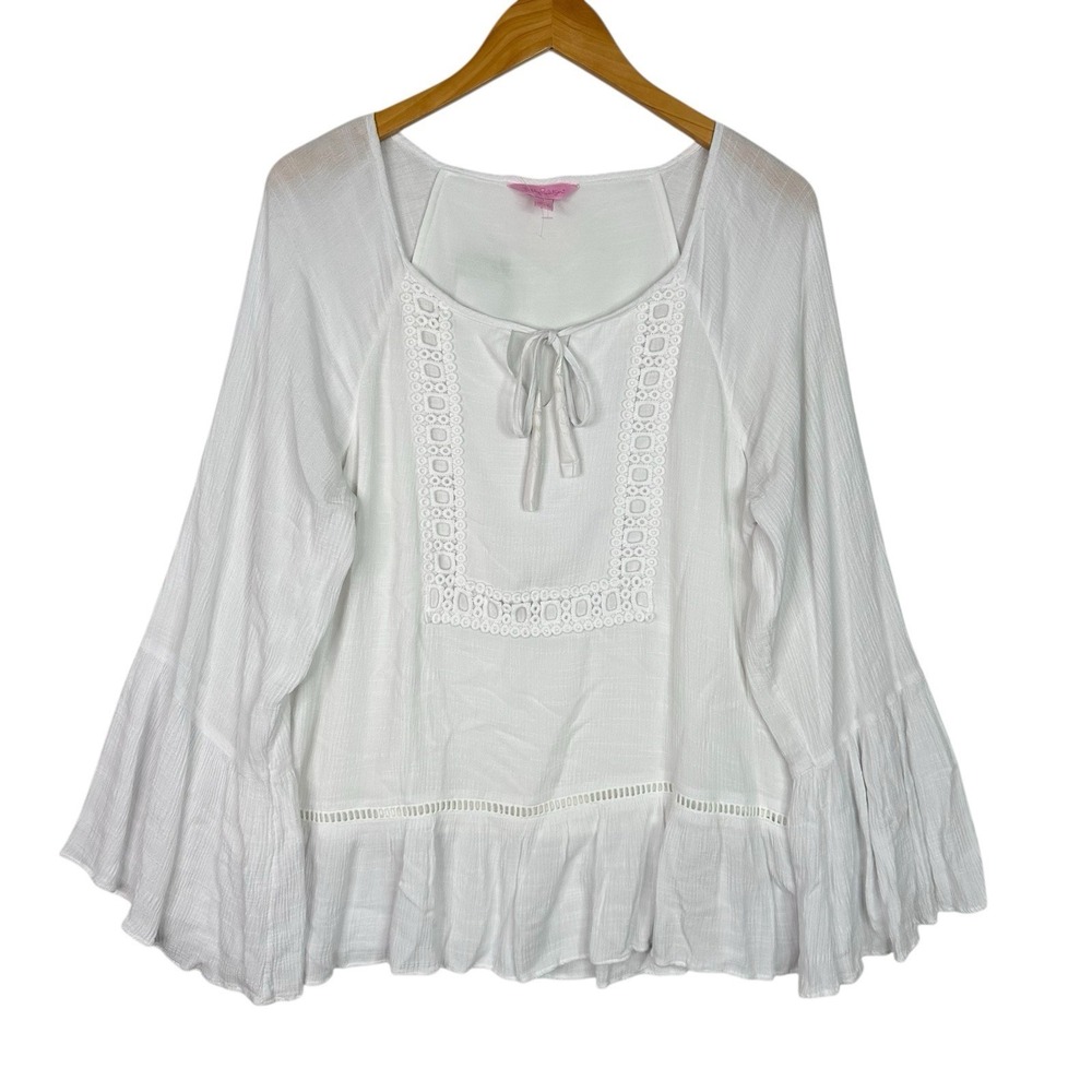 Lilly Pulitzer Amisa Top Women L White Gauze Boho Peasant Blouse Bell Sleeve NWT